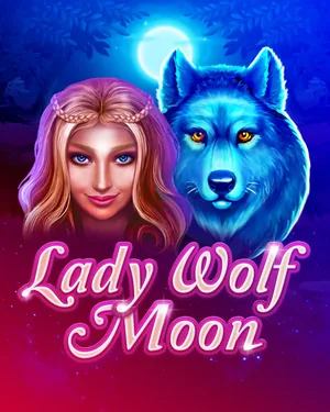 Offizielles Cover von Lady Wolf Moon (BGaming): eine Frau mit geflochtenem Haarschmuck und ein blauer Wolf vor einem Nachthimmel mit Mond, darunter der Titel in rosa Schreibschrift